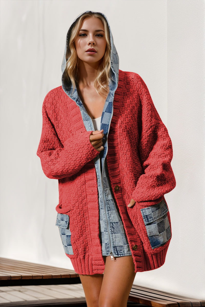 Cardigan pull épissé en denim à capuche pleine taille Double prise