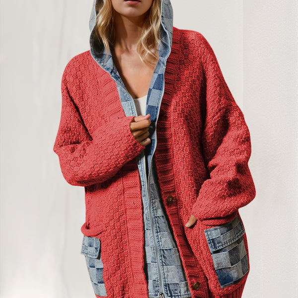 Cardigan pull épissé en denim à capuche pleine taille Double prise