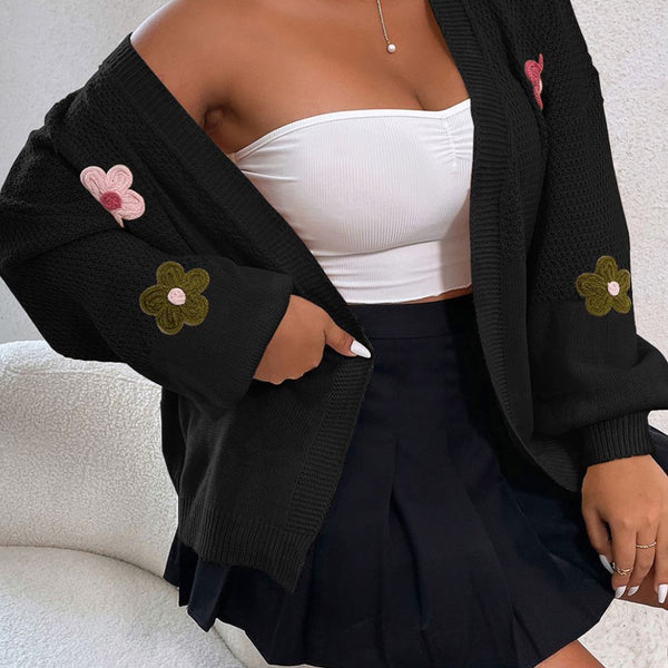 Cardigan ouvert sur le devant à épaules tombantes et appliqué floraux