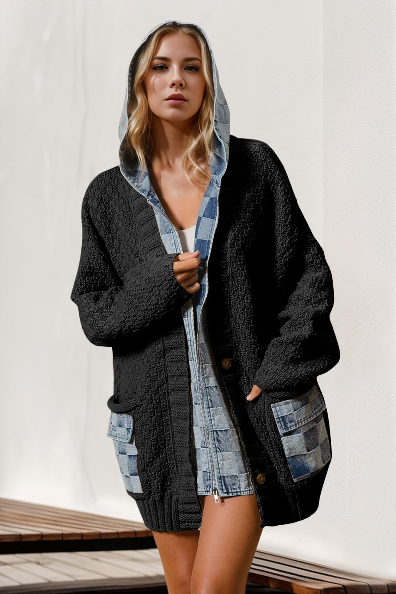 Cardigan pull épissé en denim à capuche pleine taille Double prise