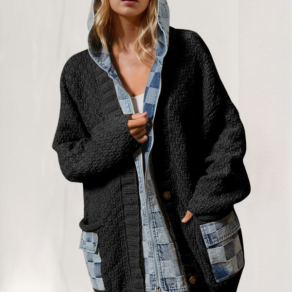 Cardigan pull épissé en denim à capuche pleine taille Double prise