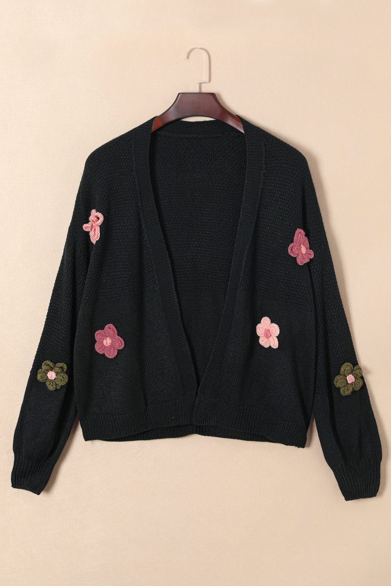 Cardigan ouvert sur le devant à épaules tombantes et appliqué floraux