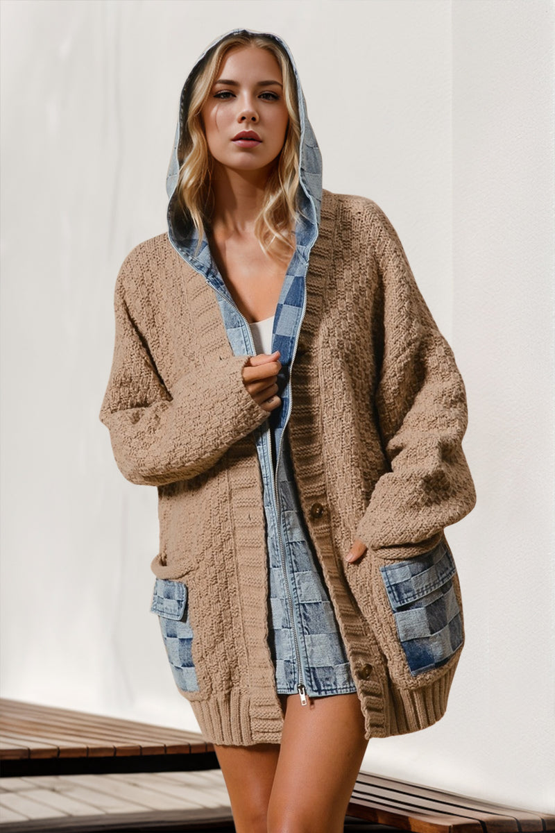 Cardigan pull épissé en denim à capuche pleine taille Double prise