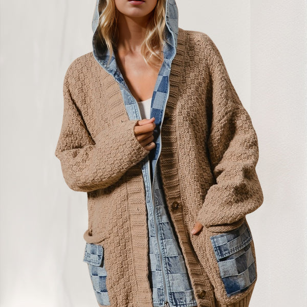 Cardigan pull épissé en denim à capuche pleine taille Double prise