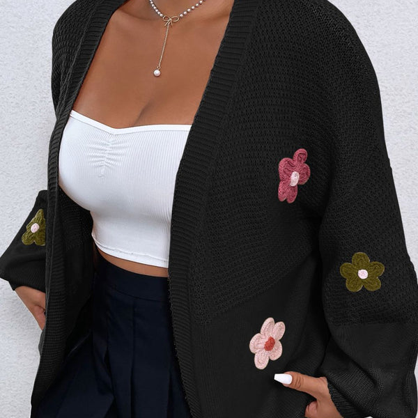 Cardigan ouvert sur le devant à épaules tombantes et appliqué floraux